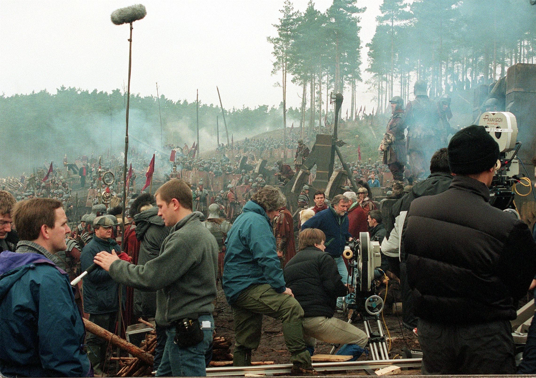 Large-scale film production with cast and background extras