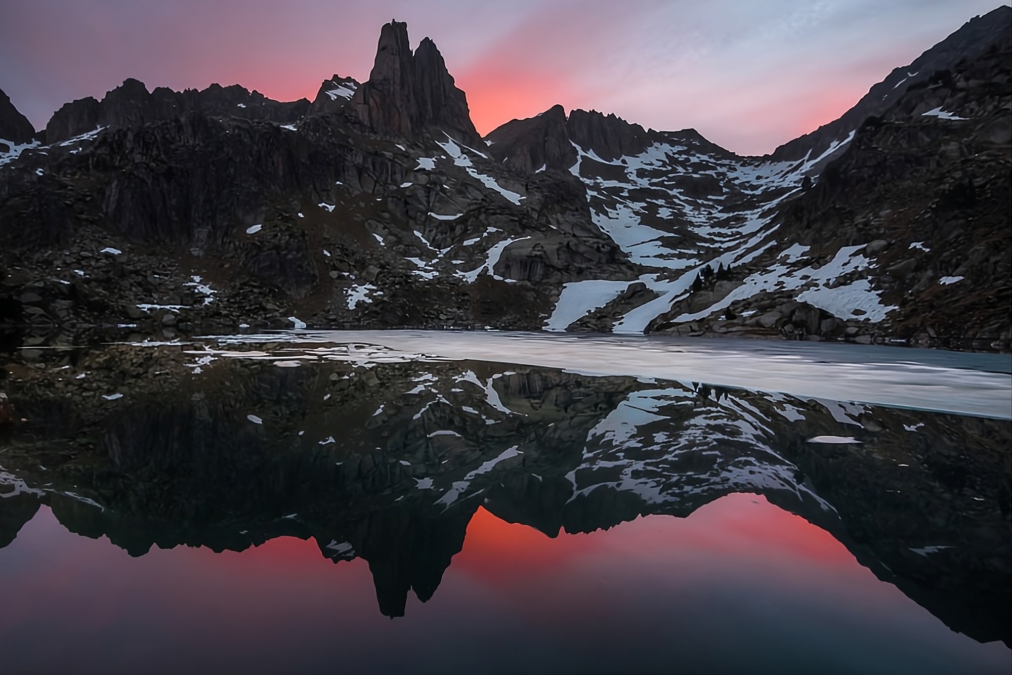 Snowy mountain landscape in Aigüestortes Spain